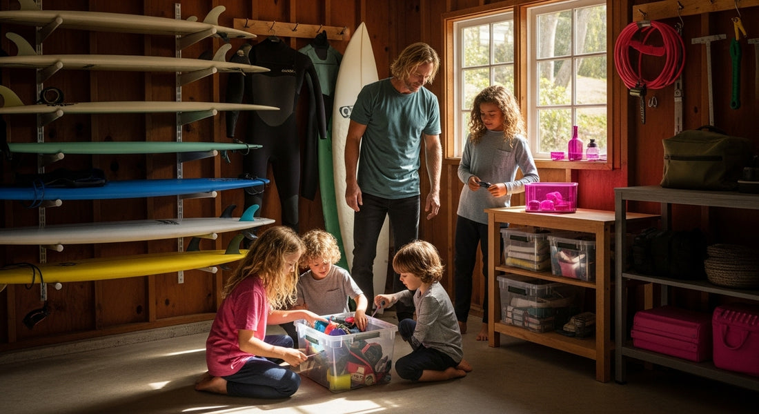 surf gear storage, organized surfboards, family organizing